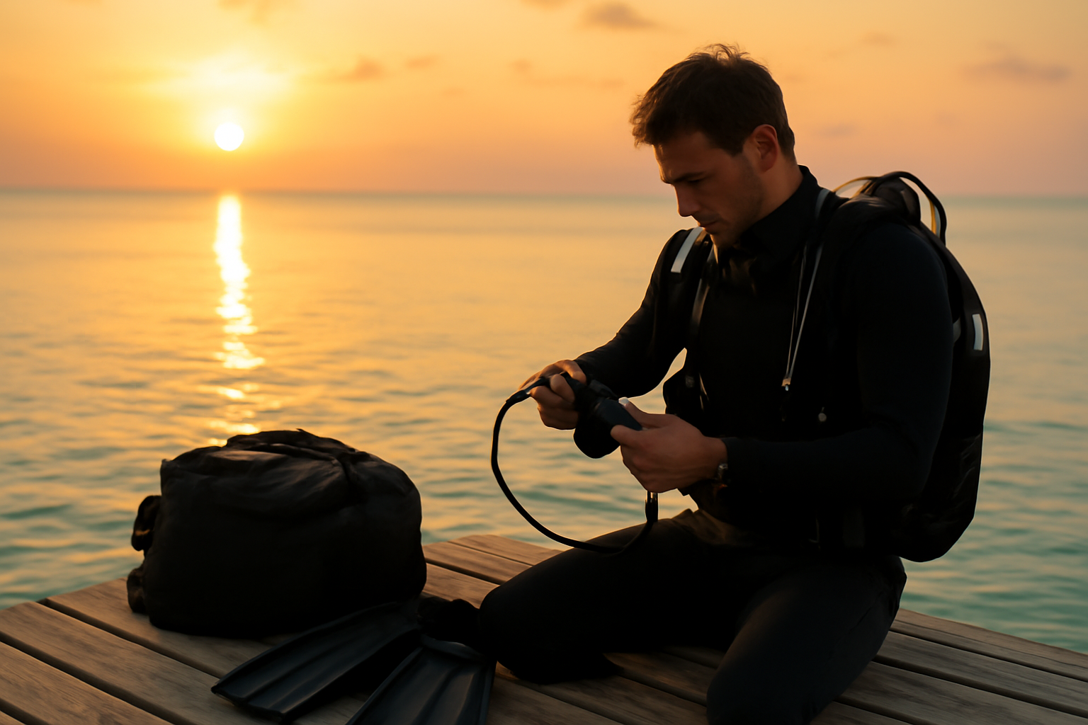Penyelam memeriksa regulator dan BCD sebelum latihan selam di tepi laut